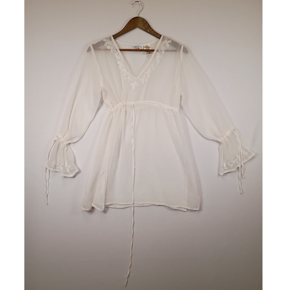 Boho Beach Sand N Sun Women Medium White Embroidered Sheer‎ Bell Sleeve Tunic
